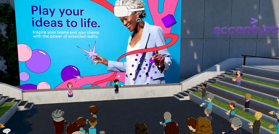 Avatar Dimension main stage — 'Play your ideas to life' billboard with seated avatar audience