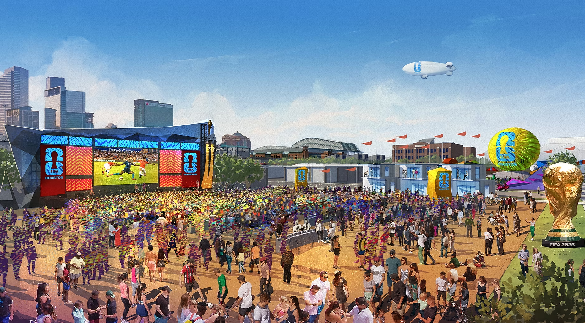 FIFA Fan Festival Houston concept render — crowd, big screen, World Cup trophy