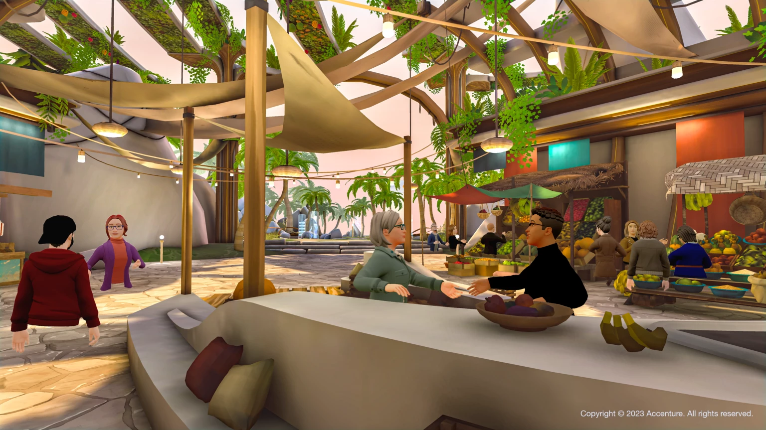 GCV — marketplace environment with avatars at a produce stall