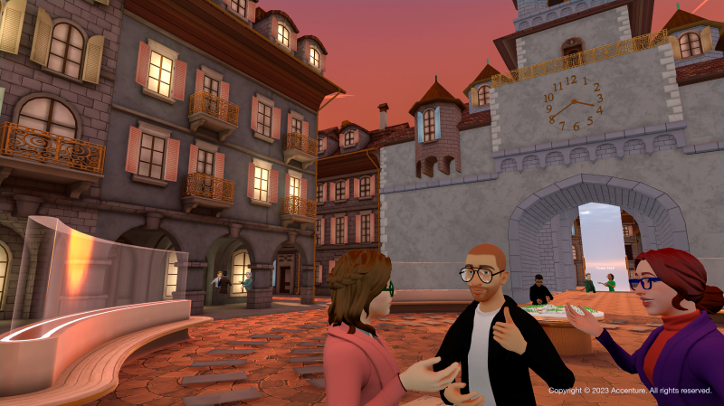 Inside the Global Collaboration Village — avatars meeting in the town square