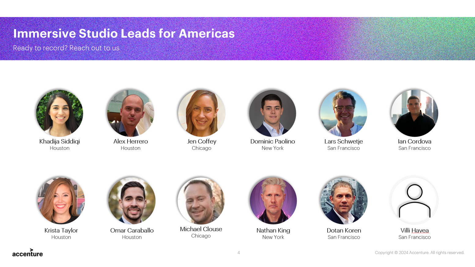 Immersive Studio Leads for Americas — team headshots across Houston, Chicago, New York and San Francisco