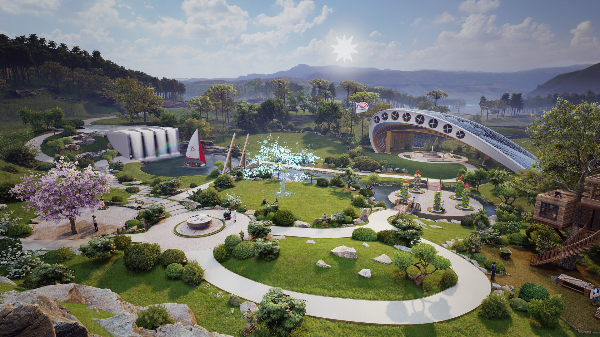 Takeda Garden — immersive landscape environment with waterfall, dome pavilion and gardens